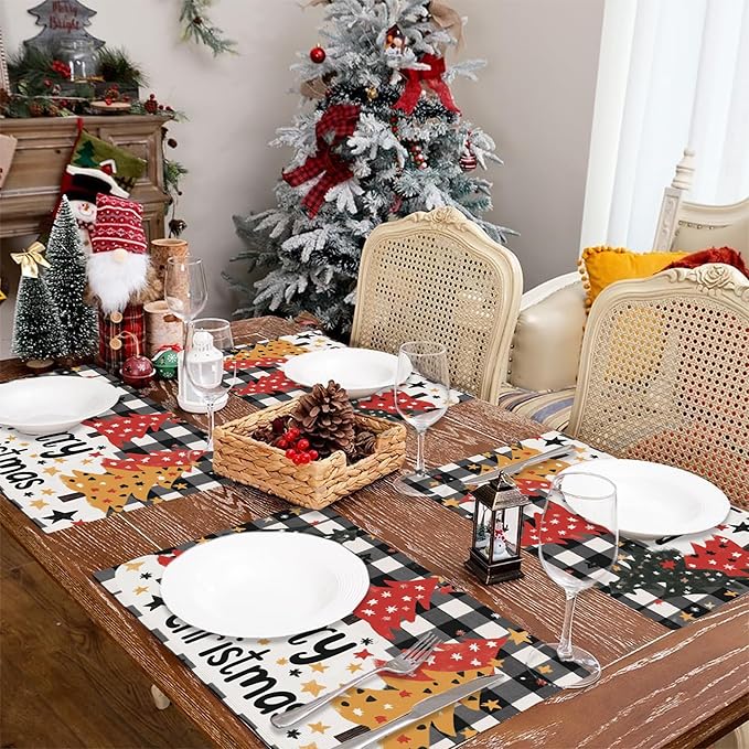 Christmas Tree Placemats Set of 4,Merry Christmas 12x18 Inch Non-Slip Washable Heat Resistant Linen Fabric Table Mats,Place Mats for Holiday Party