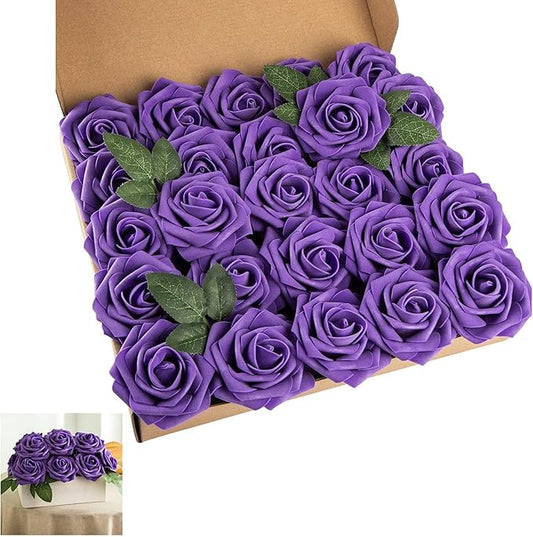 Purple Artificial Flower Purple Silk Rose 25pcs Real Looking Fake Rose with Stems Leaves for Home Decoration Party Garden Centerpieces DIY Wedding Bouquets（Deep Purple）