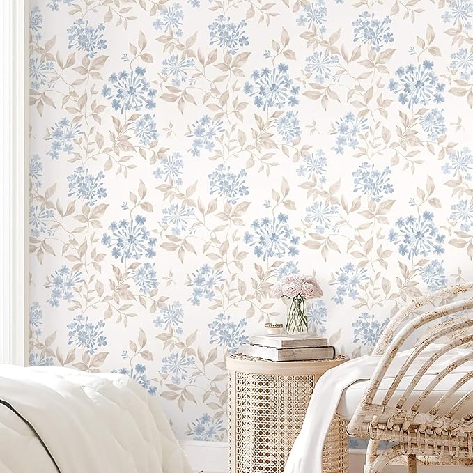 Heroad Boho Floral Wallpaper Blue/Beige Peel and Stick Wallpaper Neutral Leaf Contact Paper Removable Self Adhesive Wall Paper for Cabinet Bedroom Bathroom Waterproof Decor Vinyl Roll 17.3''x78.7''