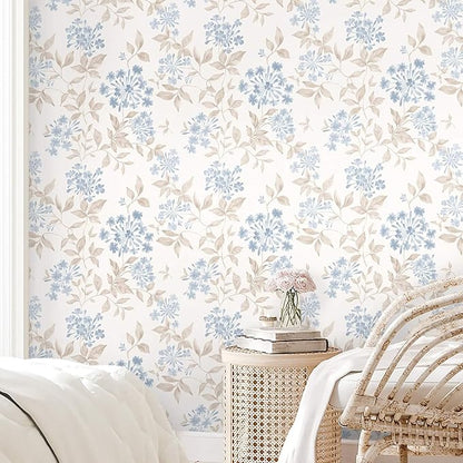 Heroad 17.3''x32.8ft Boho Floral Wallpaper Blue/Beige Peel and Stick Wallpaper Neutral Leaf Contact Paper Removable Self Adhesive Wall Paper for Cabinet Bedroom Bathroom Waterproof Decor Vinyl Roll