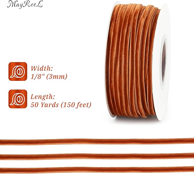MAYREEL 1/8 Inch Copper Velvet Ribbon Thin Golden Brown Vintage Ribbon for Wedding Invitations Crafts Gift Wrapping Party Favor Boxes 50 Yards