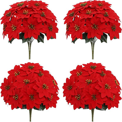 7 PCS Red Silk Poinsettia Flowers with 7 Heads - Artificial Christmas Floral Bouquet for Xmas Party, Winter Holiday Decor, Table Arrangements, Home & Seasonal Displays