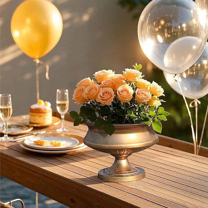 WORTH 8" H. Gold Color Urn Vase for Centerpieces, 11.8" Dia. Classic Metal Trumpet Small Flower Pot for Table, Bowl Vase for Wedding Party Event Home Decor