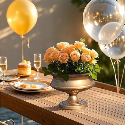 WORTH 8" H. Gold Color Urn Vase for Centerpieces, 11.8" Dia. Classic Metal Trumpet Small Flower Pot for Table, Bowl Vase for Wedding Party Event Home Decor