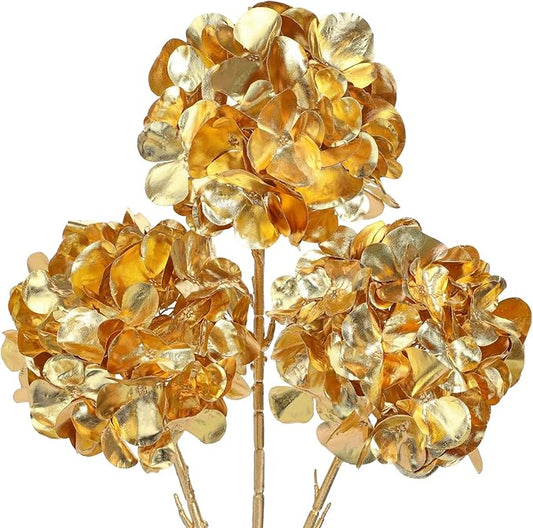 Hollyone 3Pcs Artificial Hydrangea Flowers Gold Christmas Ornaments Flowers 26inch Fake Hydrangea Flower Floral Arrangements Bouquets Xmas Faux Hydrangeas Stems Wedding Party Christmas Home Decor