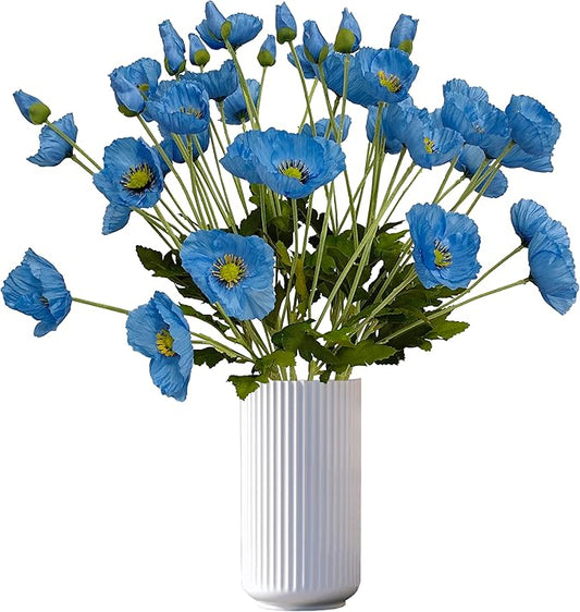 ATFL Blue Poppy Flowers Artificial for Wedding Decorations,12 Pcs Fake Faux Silk Poppies Bulk for Home Decor Table Centerpieces Floral Arrangement(23.5‘’, Blue)