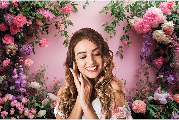 Flowers Photography Backdrop Colorful Flowers Composition Green Leaves on Pink Background for Girls Kids Children Wall Banner Cake Table Decoration Video Studio Photo Portrait Props 10x6.5ft