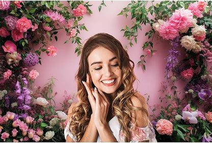 Flowers Photography Backdrop Colorful Flowers Composition Green Leaves on Pink Background for Girls Kids Children Wall Banner Cake Table Decoration Video Studio Photo Portrait Props 10x8ft
