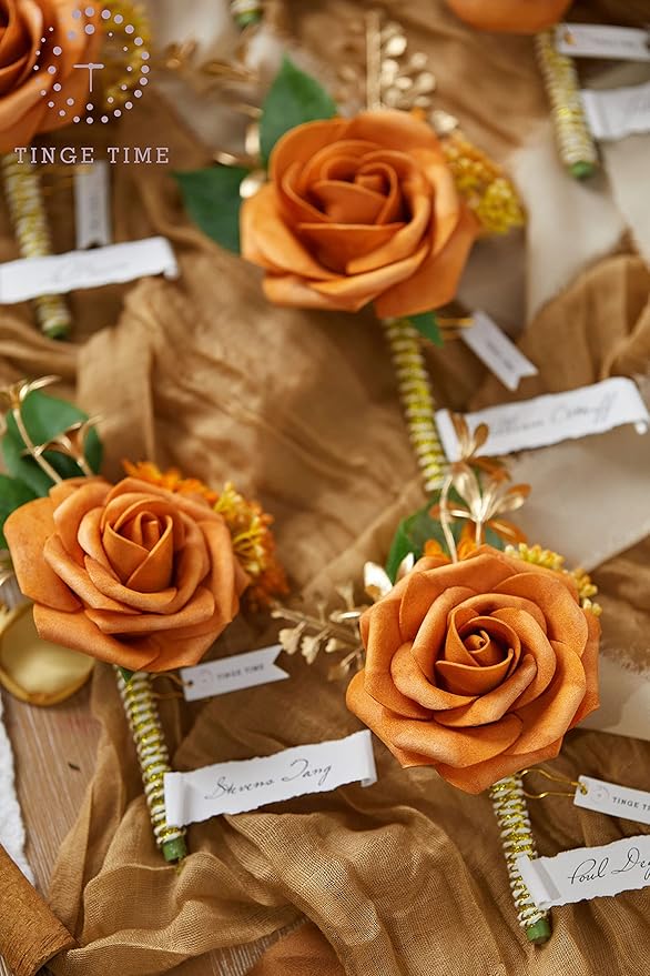 TINGE TIME Boutonniere for Men Wedding,Groom and Best Man Boutonniere for Wedding Ceremony Anniversary, Formal Dinner Party and Rustic Spring Wedding Marriage (10, Miami Burnt Orange)