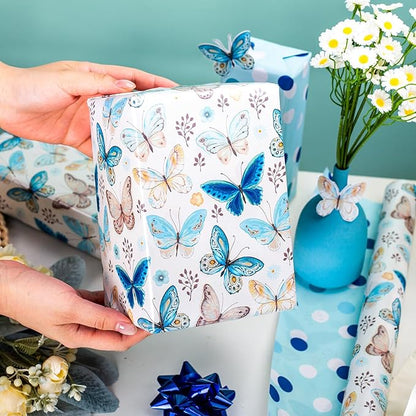 MAYPLUSS Butterfly Wrapping Paper, Vintage Watercolor Butterfly Fairy Gift Wrapping Paper for Women Girls Pearl Birthday Wrap in Blues Reversible Polka Dot for Baby Shower, Wedding (17Inch X 33Feet)