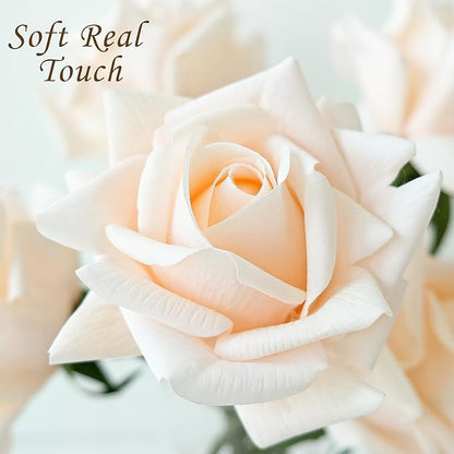 10pcs Cream Real Touch Roses Flowers, Lifelike Full Bridal Bouquet Artificial Flowers for Flower Arrangement Home Party Spring Wedding Decoration