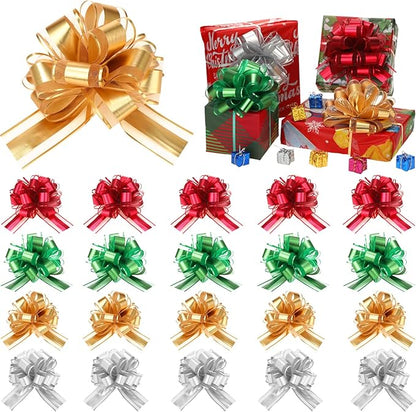 WILLBOND 20 Pieces 6 Inch Pull Bows Gift Wrapping Ribbon Pull Bows for Christmas Wedding Baskets Valentine Multicolor Wrap Accessory for Gift Present Holiday Decor(Green, Red, Gold, Silver)