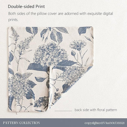 Foindtower Set of 2 Linen Floral Vintage Throw Pillow Covers Neutral Accent Print Decorative Cushion Covers Farmhouse Boho Home Decor for Sofa Chair Couch Bedroom Living Room,18×18 Inch,Blue