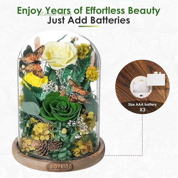 NOVEINN Preserved Flowers in Glass Dome - Eternal Rose Arrangement with Real Preserved Plants, Romantic Forever Rose Gift for Women - Anniversary, Birthday, Mother’s Day, Home Decor(Yellow)