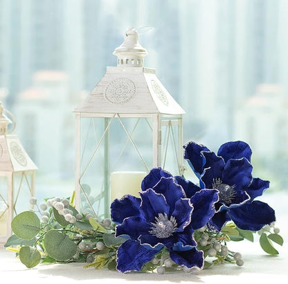 KI Store Blue Velvet Magnolia Flowers Pack of 6 Oversize Artificial Christmas Poinsettia Floral Picks Stems for Xmas Tree Wedding Centerpiece Decorations