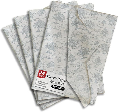 Pro Supply Global Blue Toile Printed Tissue Paper for Gift Bags or Boxes and Wrapping - Bulk Decorative Art Tissue Paper for Packaging and Gifting | 24 Sheets 20" x 30"