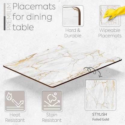 Set of 4 Heat Resistant Cork Placemats for Dining Table with Free Set of 4 Matching Drink Coasters Marble Design 16 x 12 Inches Cork Backed Hard Placemats (Foiled Gold)