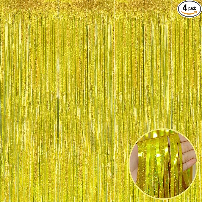 4 Pack Gold Tinsel Foil Fringe Curtain Backdrop, 3.28Ft x 8.2Ft Metallic Streamers for Photo Booth Props Wedding Bridal Shower Bachelorette Birthday Halloween Christmas Party Decoration