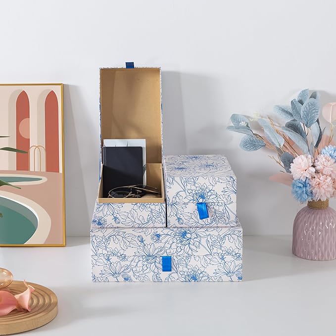 Soul & Lane Blue Floral Decorative Boxes with Hinged Lids and Blue Ribbon Pull - Sapphire Bloom, Set of 3 (One Large and Two Medium Boxes), Cardboard Storage for Photos, Documents, Keepsakes