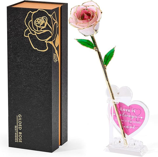 Mikasol Real 24K Gold Dipped Realistic Rose – Timeless Lifelike Bloom with Heart Puzzle Base – Romantic Gradient Pink Flower Gift for Her, Wife, Girlfriend, Mom – Birthday, Anniversary, Mother’s Day