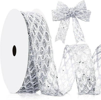 Geosar 20 Yards Silver Glitter Mesh Wired Ribbon for Christmas Tree Decorations, Gift Wrapping, DIY Craft, Xmas Wreaths, Cabinet Decor (1.5 Inch)