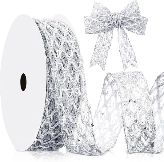 Geosar 20 Yards Silver Glitter Mesh Wired Ribbon for Christmas Tree Decorations, Gift Wrapping, DIY Craft, Xmas Wreaths, Cabinet Decor (1.5 Inch)
