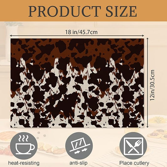 Cow Fur Placemats Set of 6,Washable Heat Resistant 12×18 Inch Linen Table Mats Cow Print Pattern Place Mats for Party Outdoor Dining Décor