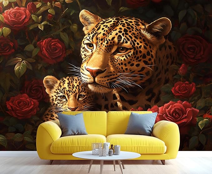 Jungle Rose Leopard Wall Mural, Big Cat Floral 3D Wall Murals, Wild Animal Leopard Wallpaper Mural, for Living Room Bedroom Large Wallpaper Indoor Decor 78.7" W x55.1 H
