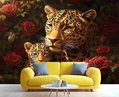 Jungle Rose Leopard Wall Mural, Big Cat Floral 3D Wall Murals, Wild Animal Leopard Wallpaper Mural, for Living Room Bedroom Large Wallpaper Indoor Decor 78.7" W x55.1 H