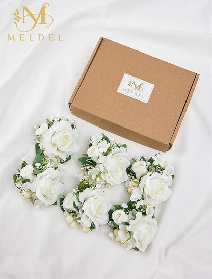 Meldel Pocket Boutonniere for Men, Set of 6, Groom Groomsman Boutonnieres for Wedding Prom Suit Accessories, Artificial White Rose Corsage for Party Ceremony Anniversary Graduation Flowers