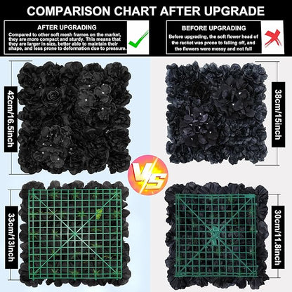 Flower Wall Backdrop 12pcs 16.5x16.5 Inch Floral Wall Panel Artificial Silk Rose Wall Decor Ideal for Wedding Celebrations, Festive Party Backdrops, and Home Decor-Black