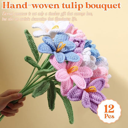 YOUNGJOY Crochet Rose 12 Pcs Handmade Knitted Flowers Tulip Sunflower Daisy Heart Artificial Knitted Floral Mother Day Graduation Home Decor(Tulip A)