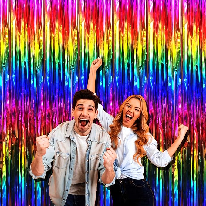 4 Pack Rainbow Tinsel Foil Fringe Curtain Backdrop, 3.28Ft x 8.2Ft Colorful Metallic Streamers for Photo Booth Props Wedding Bridal Shower Bachelorette Birthday Halloween Christmas Party Decoration