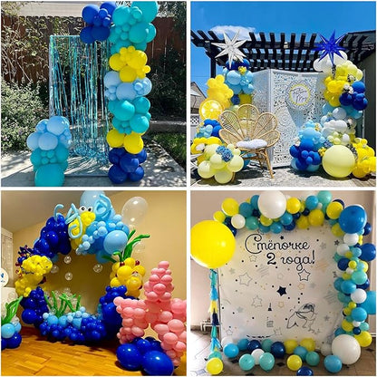 Yellow Blue Clear Balloons 12 Inch 60 Pcs Blue Cartoon Balloon Teal Blue and Yellow Party Latex Balloons Transparent for Kids Birthday Ocean Baby Shower Party Decorations