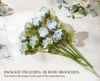 Rose Artificial Flower 28pcs Realistic Faux Silk Roses Fake Flowers Bouquets Arrangements Decor for Wedding Spring Mother's Day, Home Table Decorations, Blue Flower