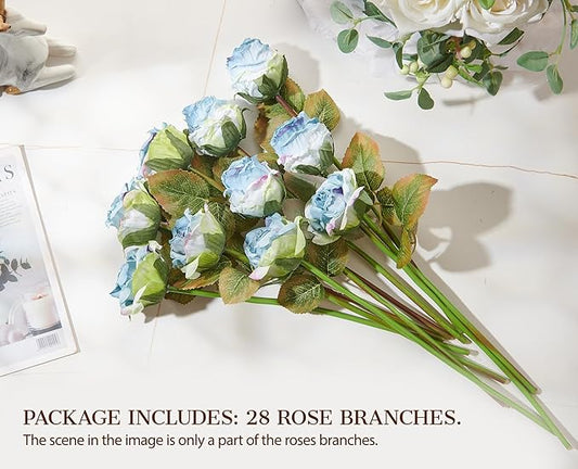 Rose Artificial Flower 28pcs Realistic Faux Silk Roses Fake Flowers Bouquets Arrangements Decor for Wedding Spring Mother's Day, Home Table Decorations, Blue Flower