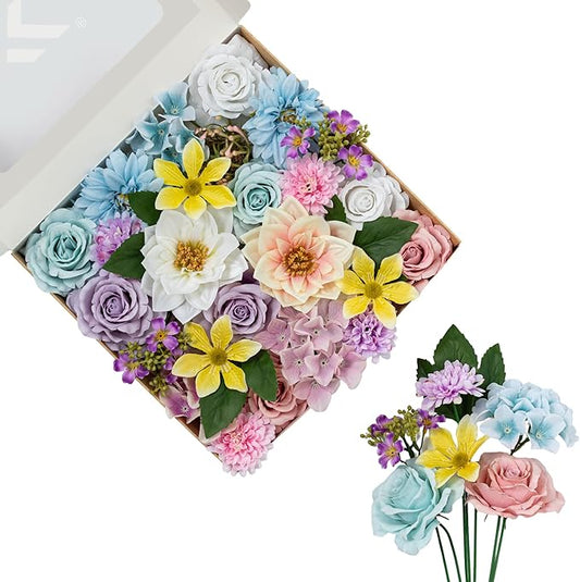 FANKO Artificial Flowers Mixed Fake Rose Combo, Pink Rose Light Blue & White Roses Blue Dahlia Assorted Blooms for DIY Wedding Bridal Bouquets/Centerpieces/Home Decor