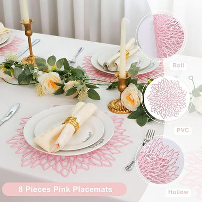 Snowkingdom Pink Placemats Set of 8, Round Vinyl Pink Flower Place Mats 15 Inch Fancy Dinning Floral Table Mats for Wedding Birthday Baby Shower Easter Halloween Christmas Holiday Party Decoration