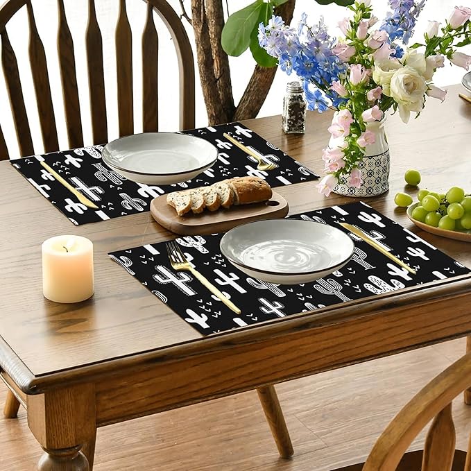 Retro Cactus Placemats Set of 4,Black and White Placemats Dining Table Mat Set,12x18 Washable Stain Resistant Wipeable Cloth Placemat for Kitchen Buffet Parties