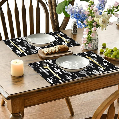 Retro Cactus Placemats Set of 4,Black and White Placemats Dining Table Mat Set,12x18 Washable Stain Resistant Wipeable Cloth Placemat for Kitchen Buffet Parties