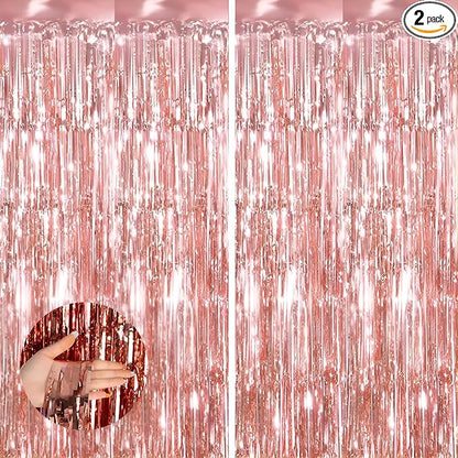 Keyali 2 Pack 3.3 * 8.3 ft Foil Curtain Metallic Tinsel Fringe Curtains Photo Booth Props Backdrop for Birthday Wedding Engagement Baby Shower Christmas Holiday Celebration Partyl,Rose Gold