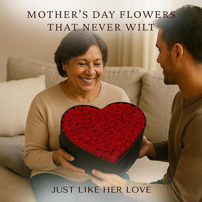 100 Preserved Roses, Forever Flowers for Delivery in Designer Heart-Shaped Box, Petite Long-Lasting Buds for Women, Eternal Rose Bouquet for Mothers Day, Girlfriend's Birthday