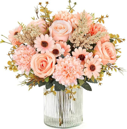 Dremisland Artificial Flowers Like Real Artificial Bouquet 2 Packs Silk Artificial Roses Bouquet with Daisy Chrysanthemum Champagne Flowers for Centerpiece Table Wedding Party Home Decor
