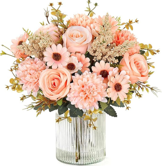 Dremisland Artificial Flowers Like Real Artificial Bouquet 2 Packs Silk Artificial Roses Bouquet with Daisy Chrysanthemum Champagne Flowers for Centerpiece Table Wedding Party Home Decor