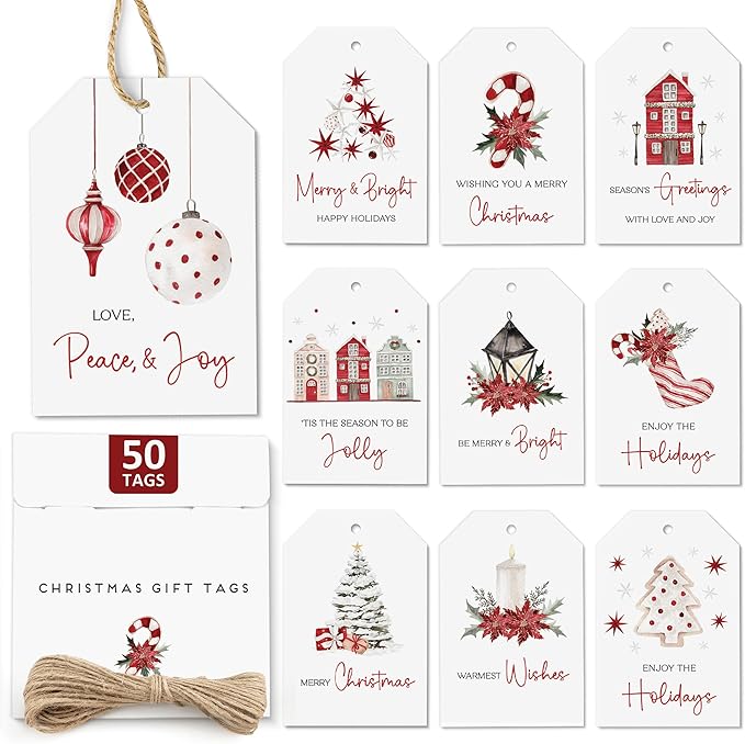 AUDREE 50 Pcs Christmas Gift Tags with String - Elegant Red & White Holiday Tags - Christmas Name Tags for Gifts - Hanging Labels Decoration Xmas Winter Holiday Present DIY Crafts
