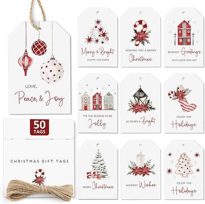 AUDREE 50 Pcs Christmas Gift Tags with String - Elegant Red & White Holiday Tags - Christmas Name Tags for Gifts - Hanging Labels Decoration Xmas Winter Holiday Present DIY Crafts