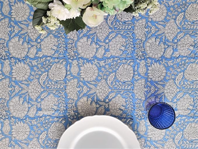 ATOSII Azora Blue 100% Cotton Square Summer Tablecloth, Block Print Floral Table Cloth for Dining, Outdoors, Parties, Weddings I Grand Millenial Decor 60 X 60 Inches I 4 Seater