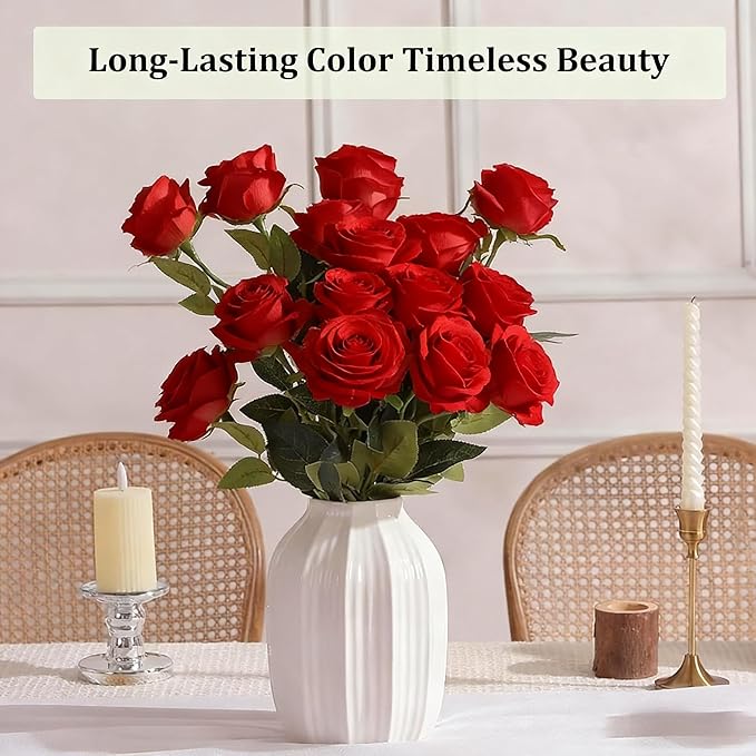 Red Roses Artificial Flowers 15 PCS, Fake Roses Silk Flowers with Long Stems, Faux Rose for Wedding Centerpieces, Home Decor, Indoor Floral Arrangements, Party Decor, DIY Bouquet (Red)