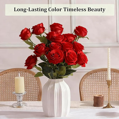Red Roses Artificial Flowers 15 PCS, Fake Roses Silk Flowers with Long Stems, Faux Rose for Wedding Centerpieces, Home Decor, Indoor Floral Arrangements, Party Decor, DIY Bouquet (Red)