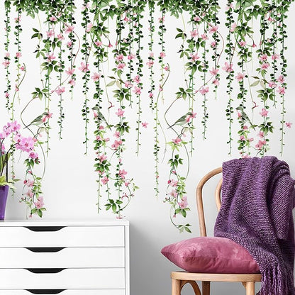 4 Sheets Hanging Vines with Flowers Wall Decals Green Plant Leaves Wall Stickers Pink Cherry Blossom Vine Wall Art Hanging Flower Tree Branches Bird Wall Murals for Kids Bedroom Nursery Decoration 20